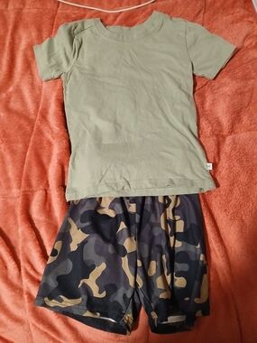 Kids Olive Green Tee & Camo Athletic Shorts Set